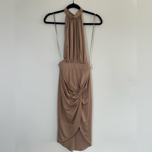 Miss Avenue Taupe Ruched Halter Dress Size Small Y2K Goddesscore Sexy Draped - Picture 1 of 11